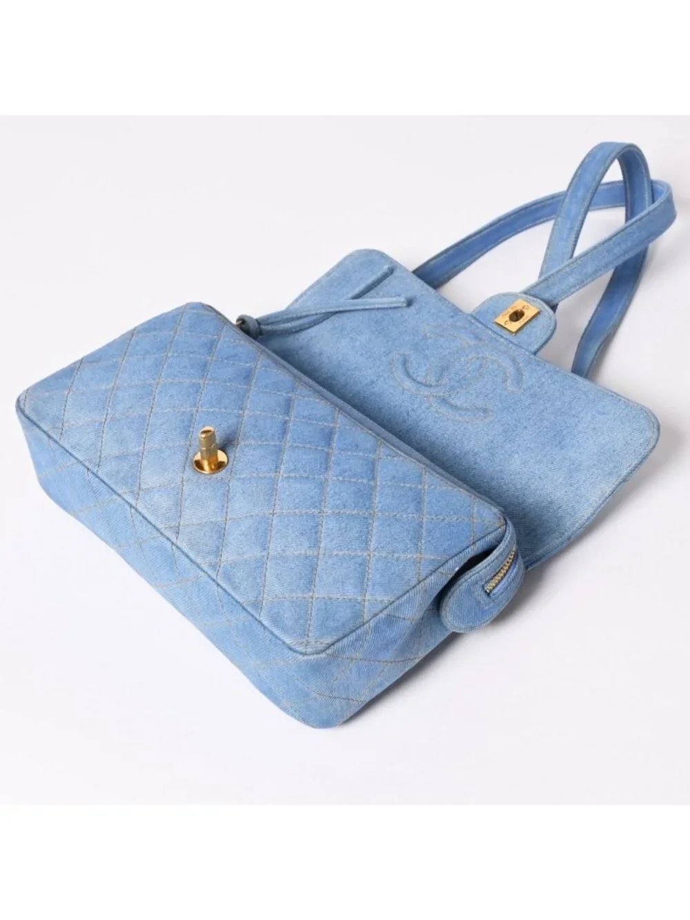 Chanel Quilted Denim Backpack Turnlock Indigo Blue Gold